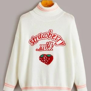 Letter Strawberry Embroidery High Neck Sweater